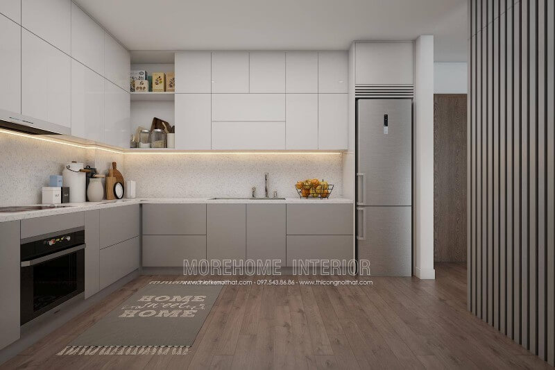 Hệ thống tủ bếp trên, tủ bếp dưới thiết kế hiện đại, mang đến khu vực chưa đồ tiện nghi Tủ bếp gỗ công nghiệp