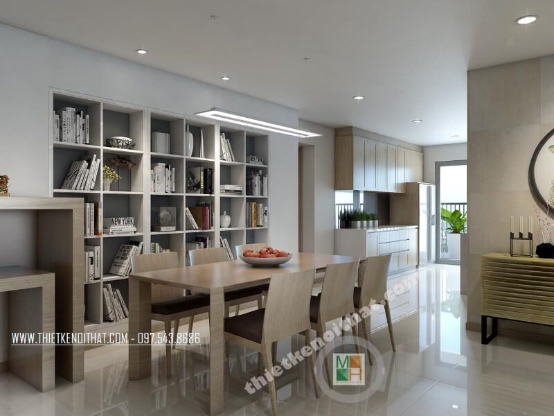Mẫu bàn ghế ăn gỗ công nghiệp đẹp với kiểu dáng đơn giản nhưng không kém phần tinh tế phù hợp với căn hộ chung cư diện tích vừa, nhỏ.