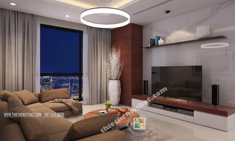 Mẫu thiết kế phòng khách chung cư tinh tế với cách sắp xếp đồ nội thất hợp lí khoa học: kệ ti vi treo, bộ sofa bọc vải cao cấp, đèn trang trí